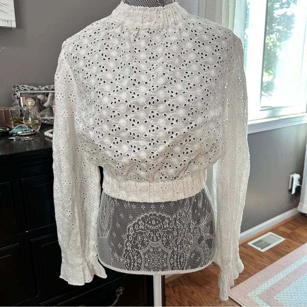 AllSaints Luna Broderie Eyelet Embroidered Linen Cotton Top White Size 6 - Image 2