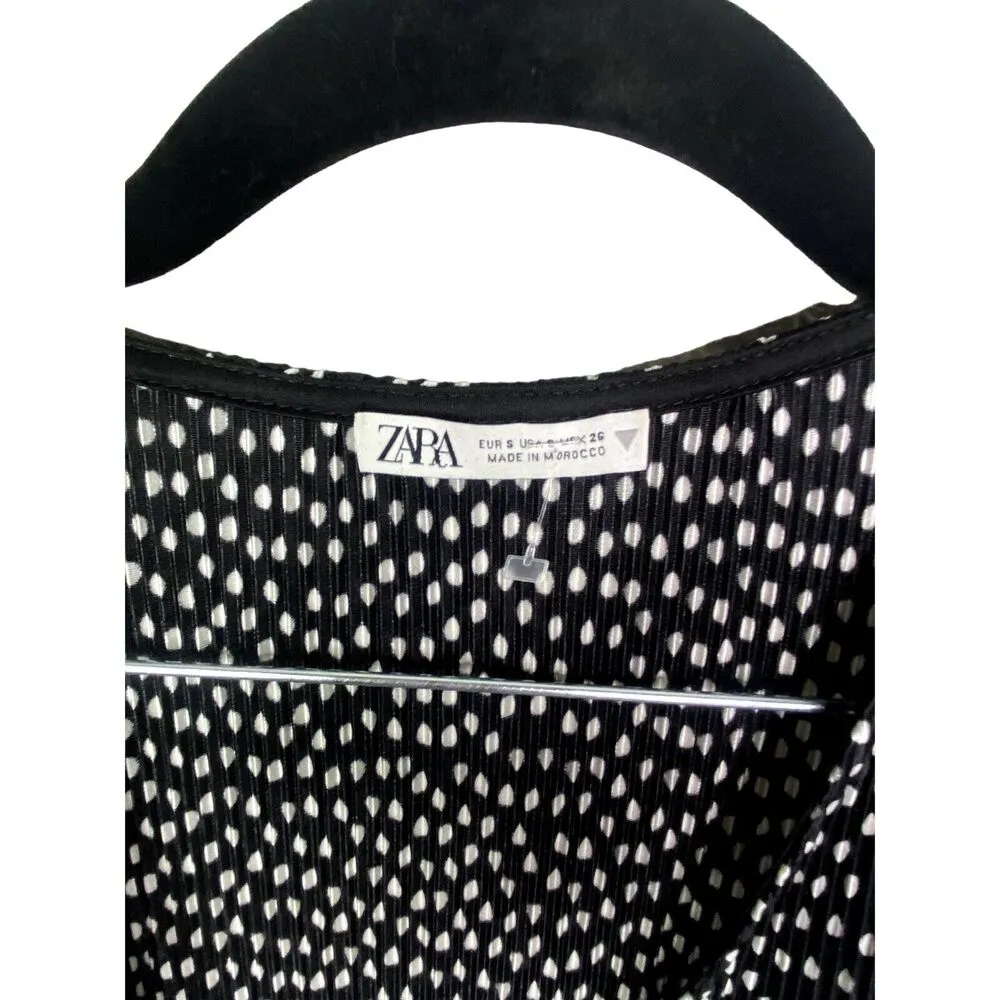 Zara V Neck Polka Dot Balloon Long Sleeve Smocked Blouse Tie Front S Black White - Image 7