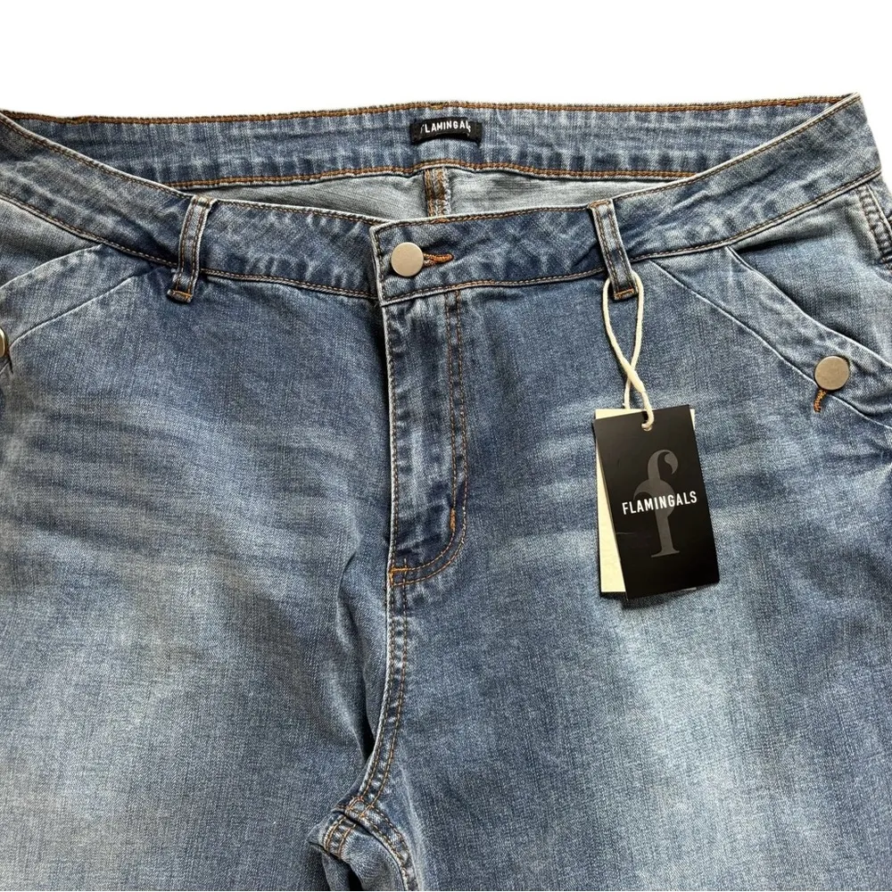 Flamingals Wide Leg Flare Bell Bottom Stretch Jean Sz 4X 18/20 Pockets Distress Blue - Image 2