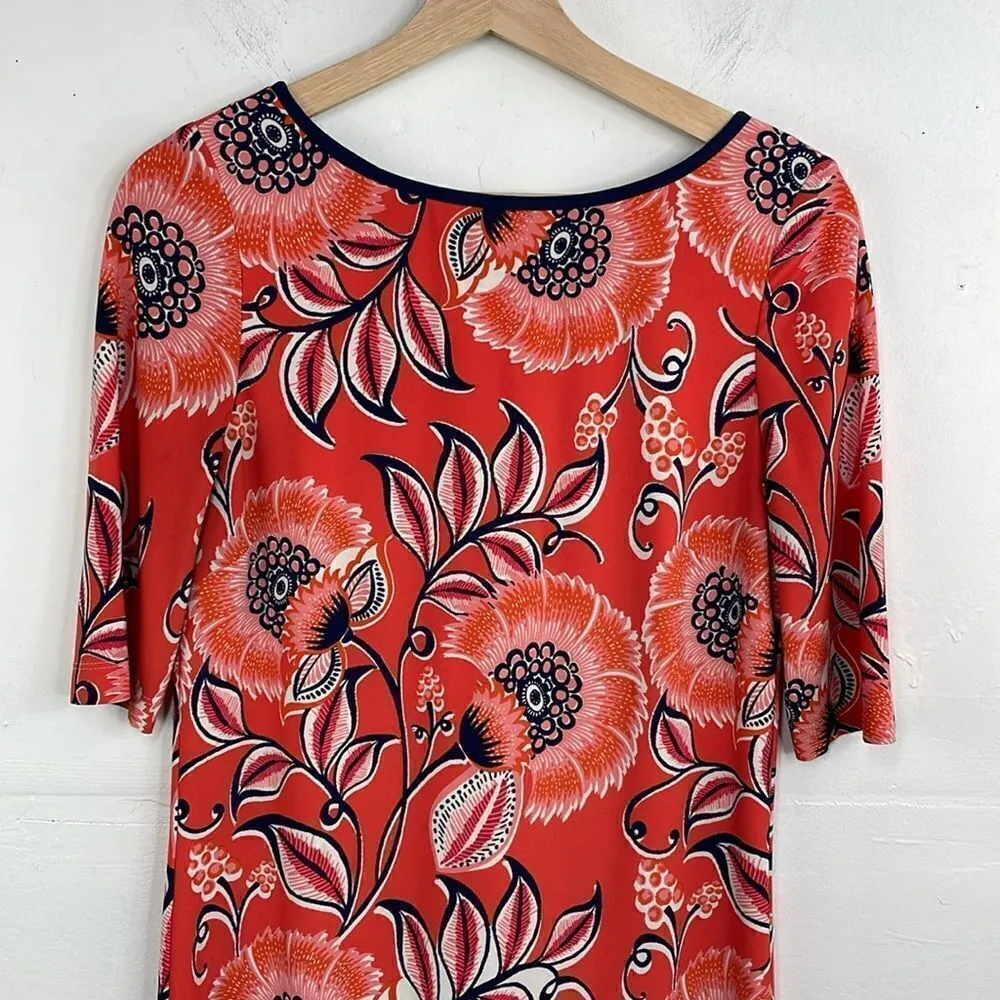 Eliza J. Dress Orange Floral Navy Striped 3/4 Sleeve Sheath Lined Midi size 6 - Image 2