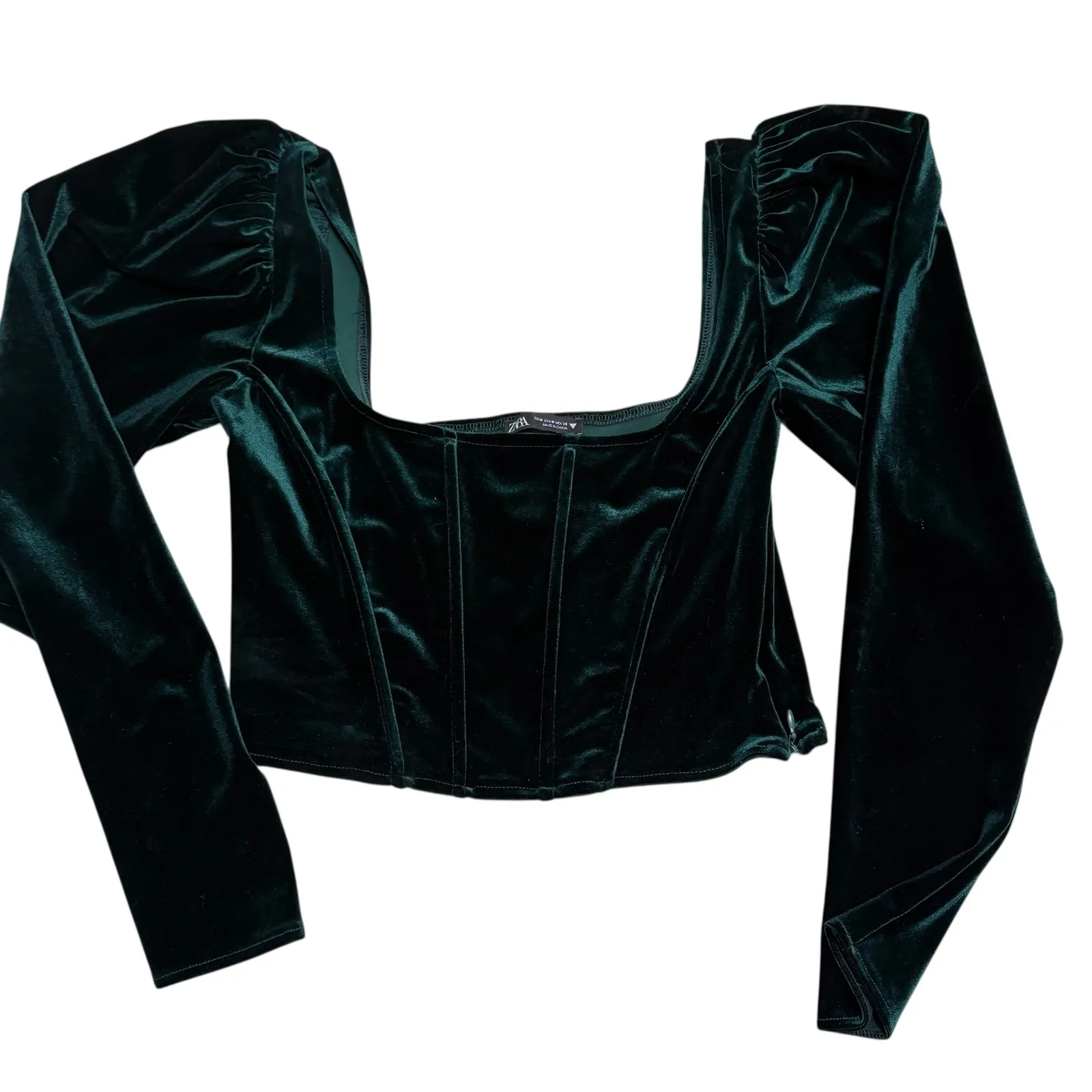 Zara Velvet Corset Top Green Square Neck Long Puff Sleeve Cropped Women M - Image 3