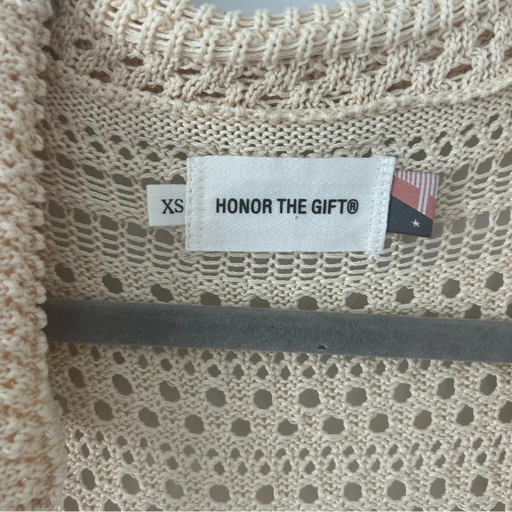 Honor the Gift Beige Crochet Knit Short Sleeve V Neck Duster Cardigan Sweater XS Tan - Image 6