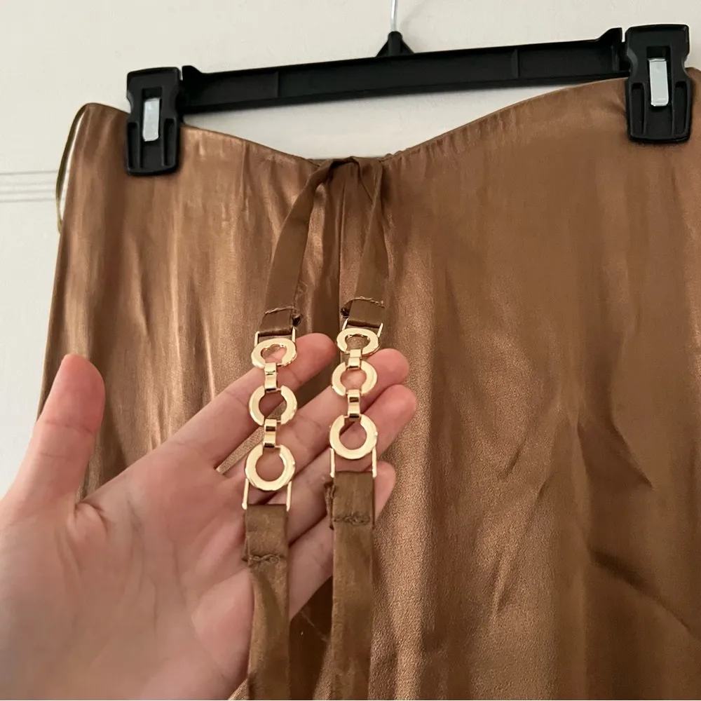 ASTR The Label Brown Moss Satin Pull On Belted Wide Leg Slit Pants Small NWOT - Image 3