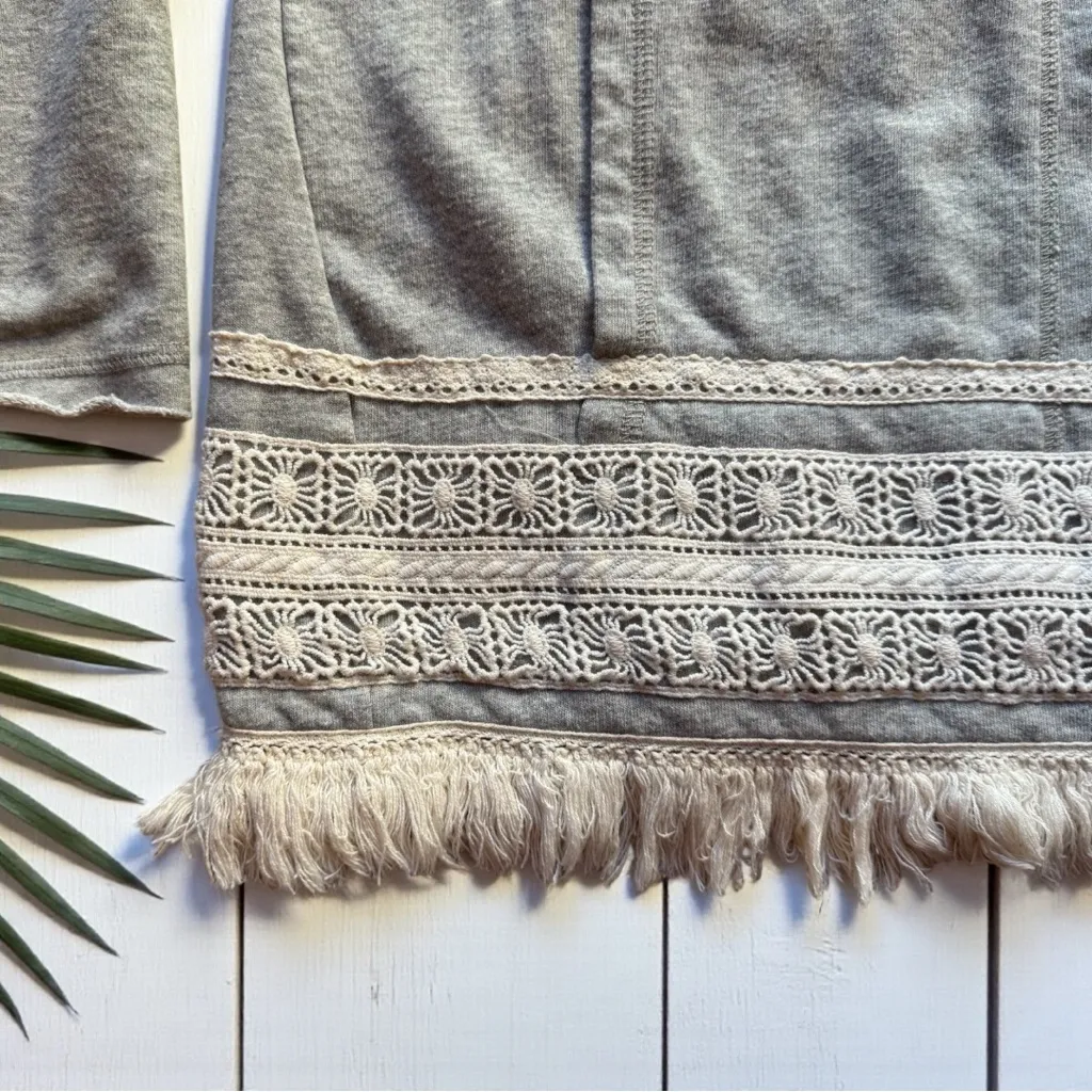 DEMOCRACY Gray Hoodie Cardigan with Tassels & Crochet Trim - Size M - Image 7
