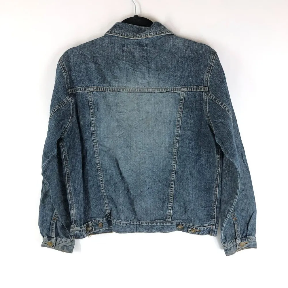 One by One Womens Denim Jacket Vintage Retro Trucker Medium Wash Fading US L Blue Size L - Image 2