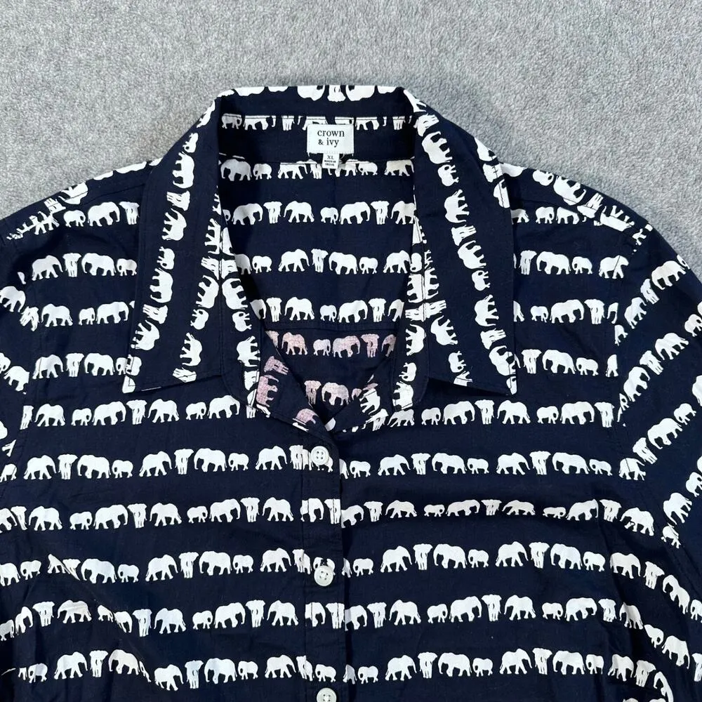 Crown & Ivy Elephant Print Long Sleeve Button-Up Shirt Women's XL Navy/White - Image 3