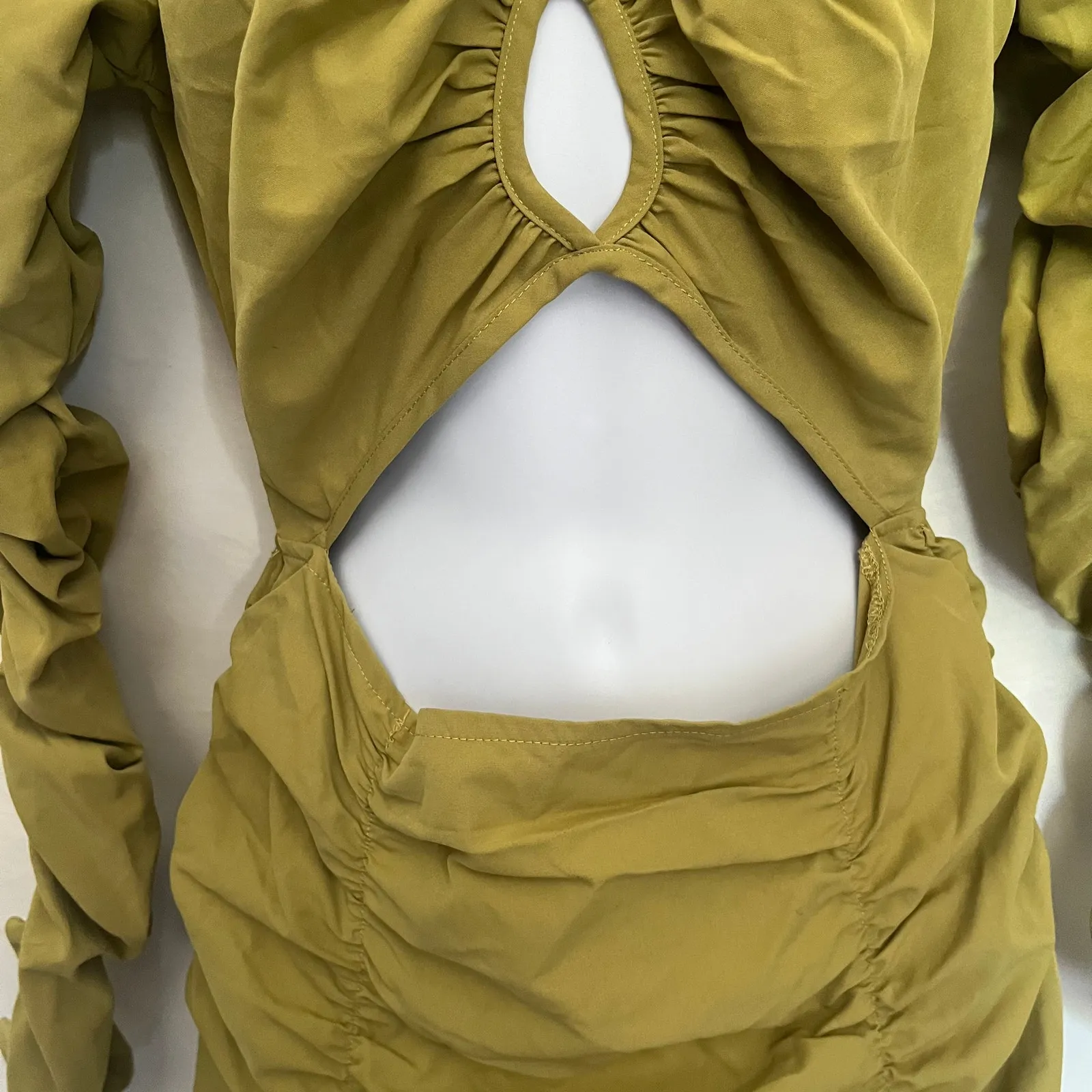 PrettyLittleThing Y2K Cut Out Bodycon Dress Sz 4 Clubwear Ruched Party Olive Green - Image 6