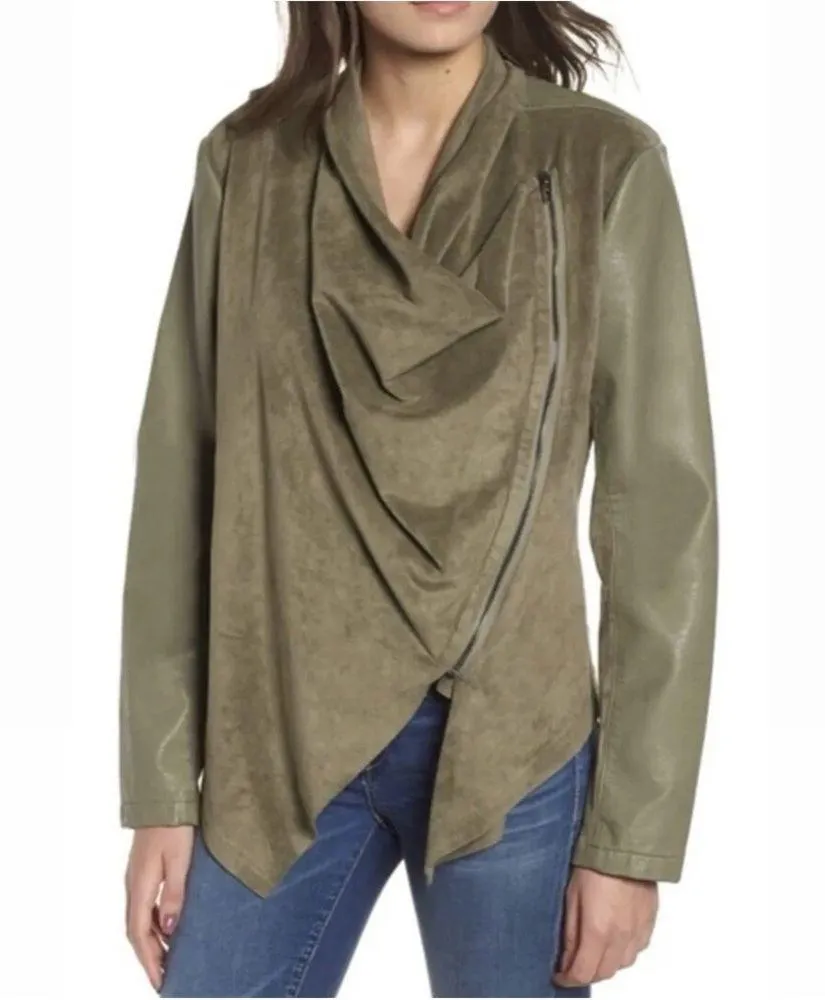 Blank NYC Medium Faux Leather Moto Jacket Olive Long Sleeve Hanky Zip - Image 6