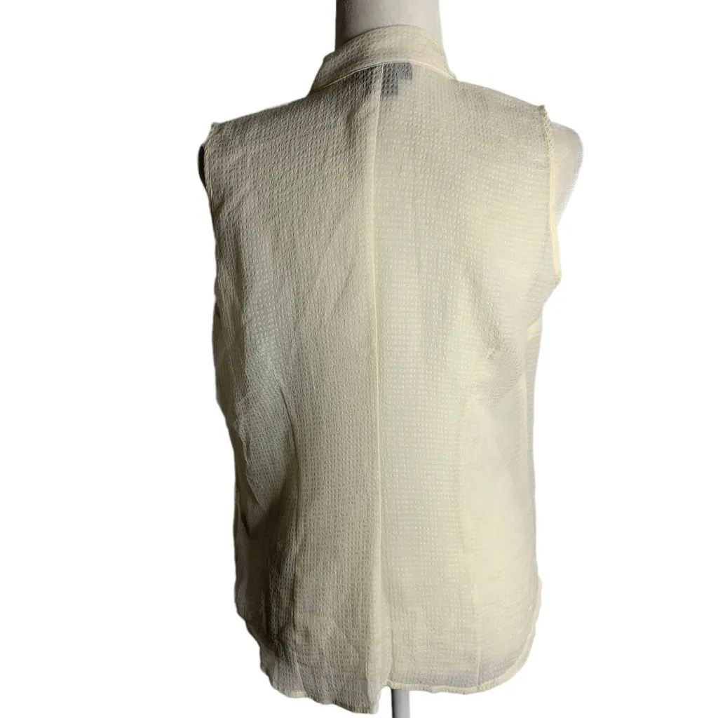 Apostrophe Sheer Button Up Shirt M Cream Neck Tie Sleeveless Pleated Shoulders - Image 4