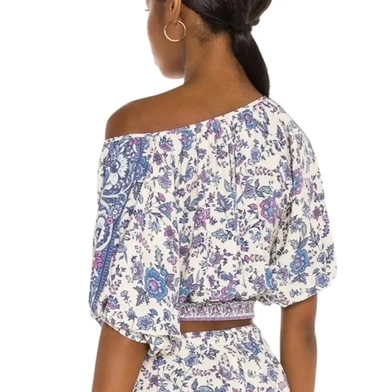 Joie Folk Song Cropped Off Shoulder Floral Top Peasant Boho Purple Blue White S‎ - Image 2