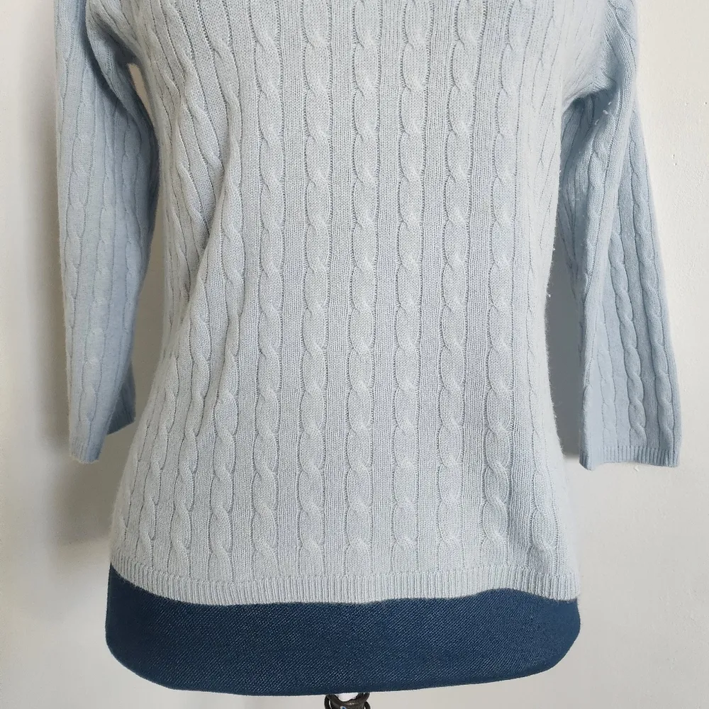 Lord & Taylor Two Ply Cashmere Powder Blue Cable Knit Crewneck Sweater - Image 3