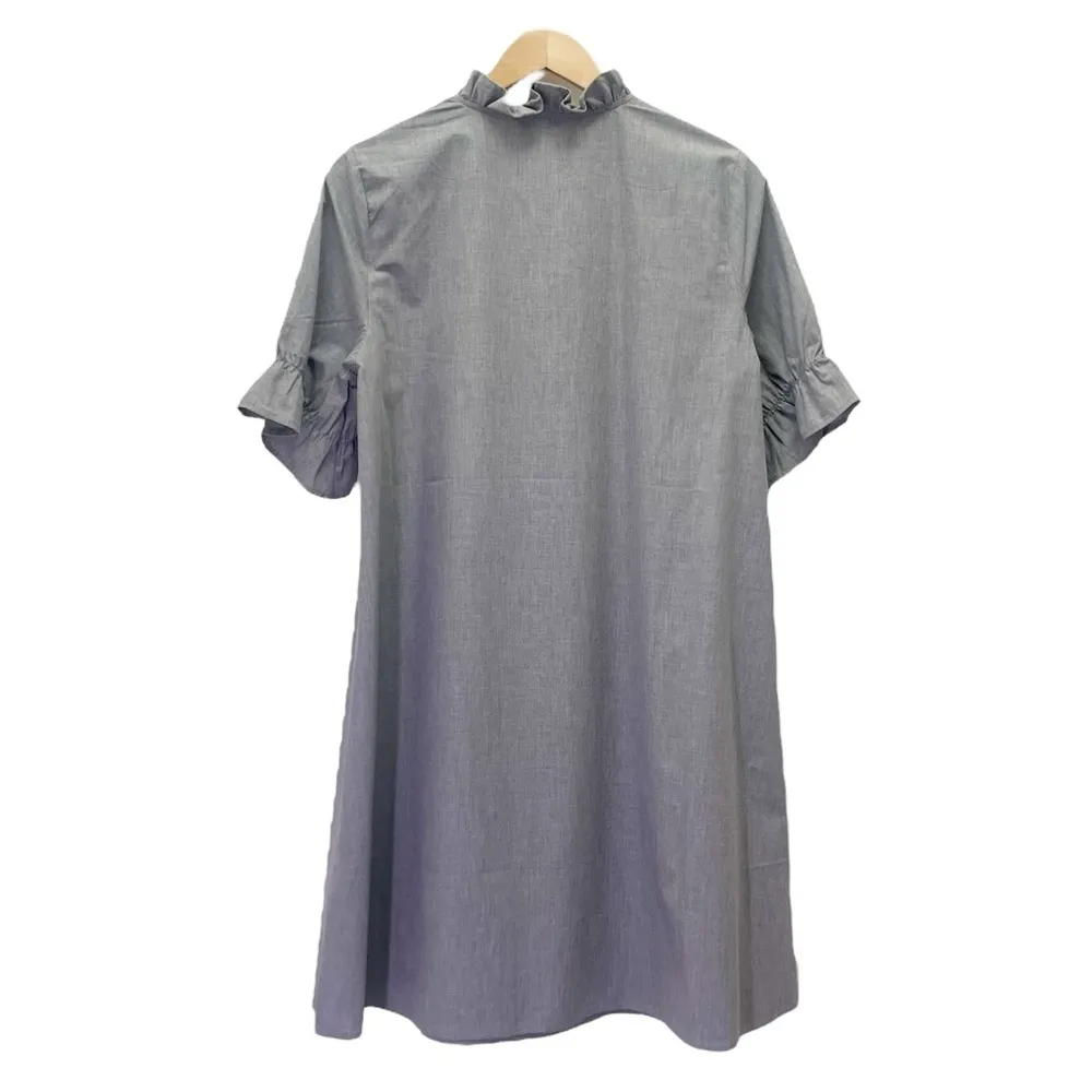 Ming Wang Cotton Shift Dress Size Small Ruffle Sleeve Gray V-Neck Poplin Unlined - Image 3