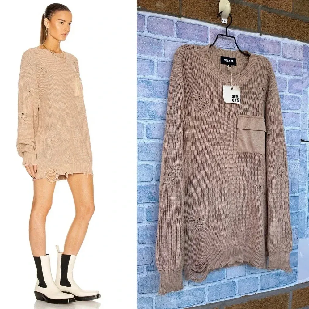 SER.O.YA Devin distressed Sweater dress in tan size small - Image 2