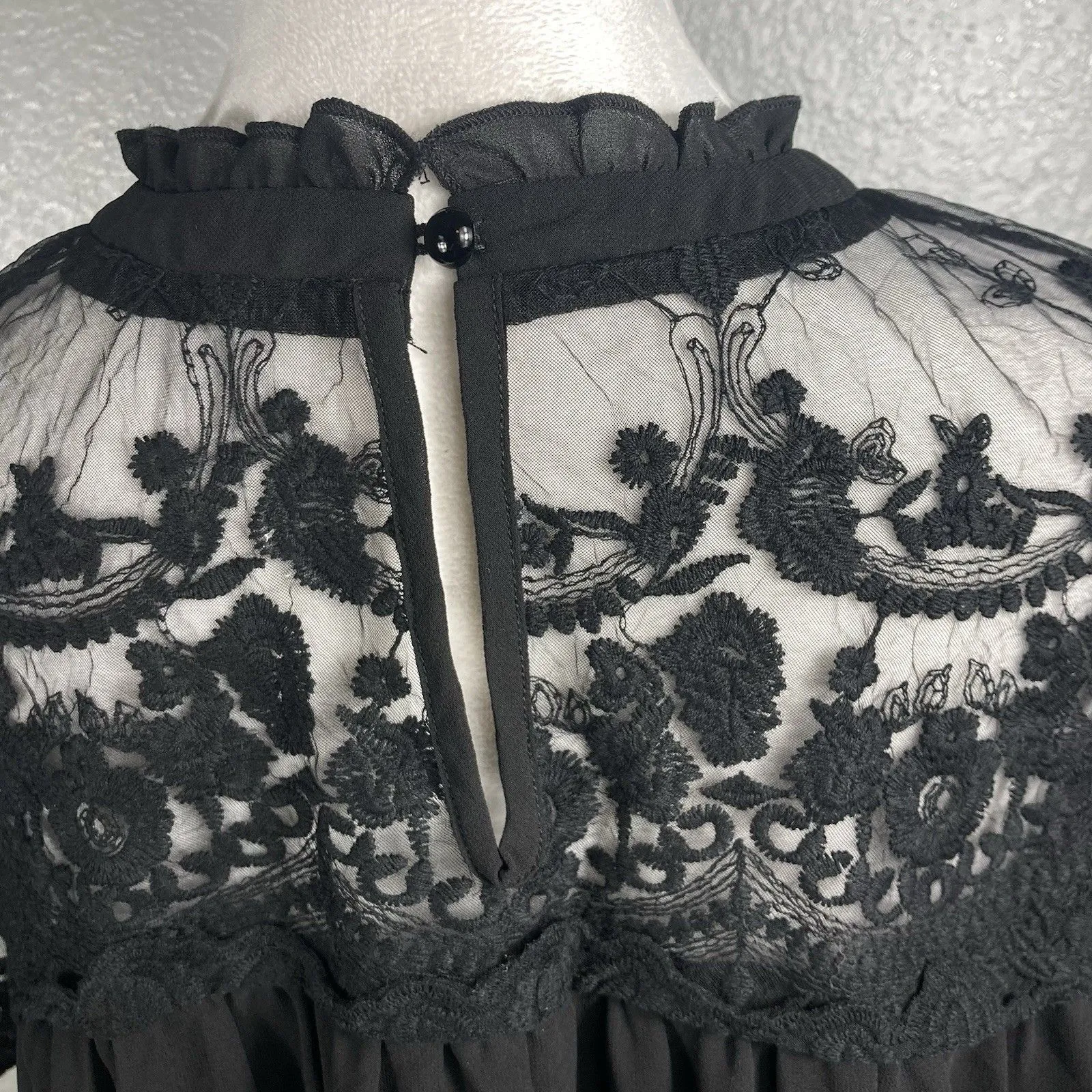 Black Lace Babydoll Mini Dress XL Chiffon Ruffle High Neck Embroider Whimsigoth - Image 7