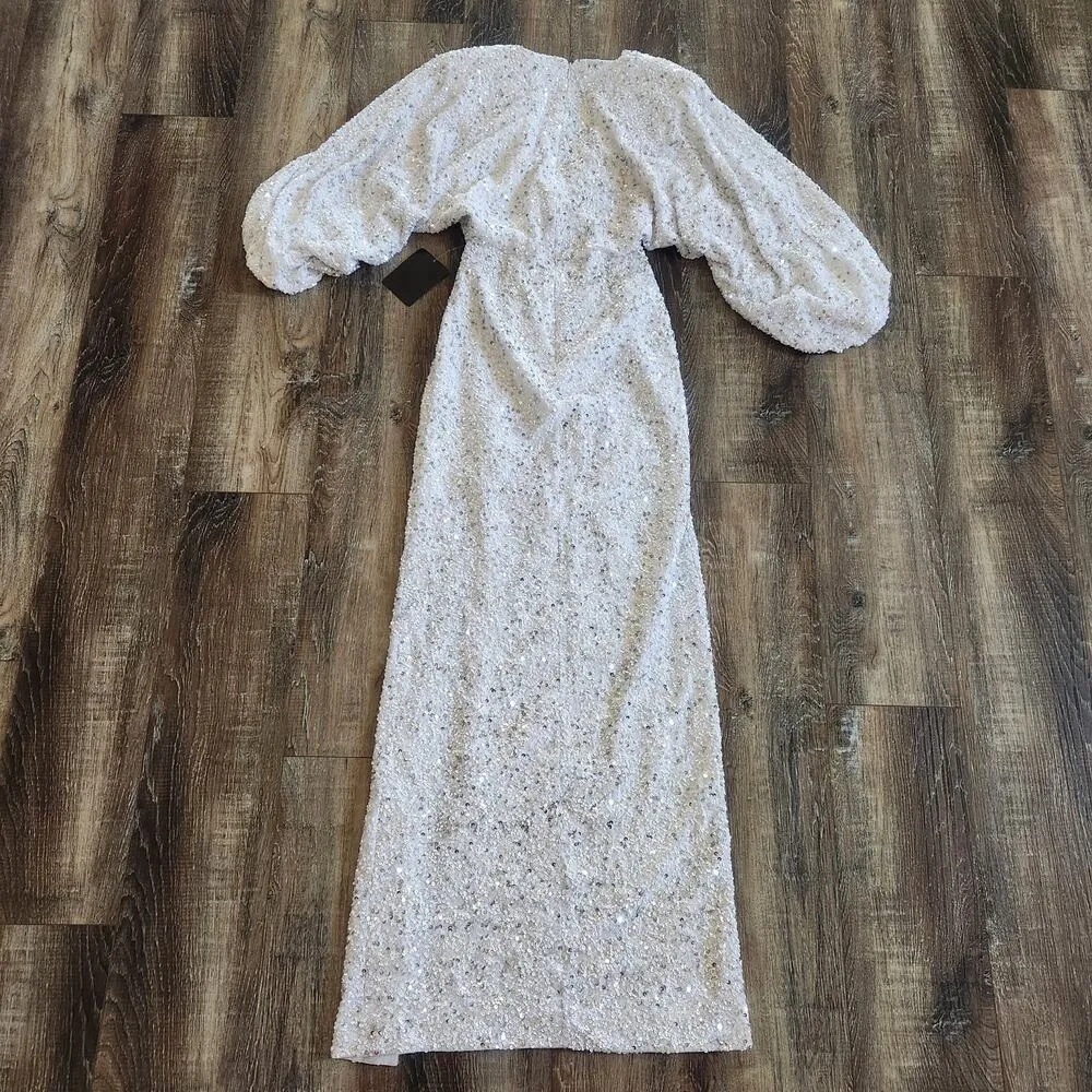 Retrofete Camille Sequin Chiffon Dress V Neck Long Sleeve Maxi White Size XS NWT - Image 6