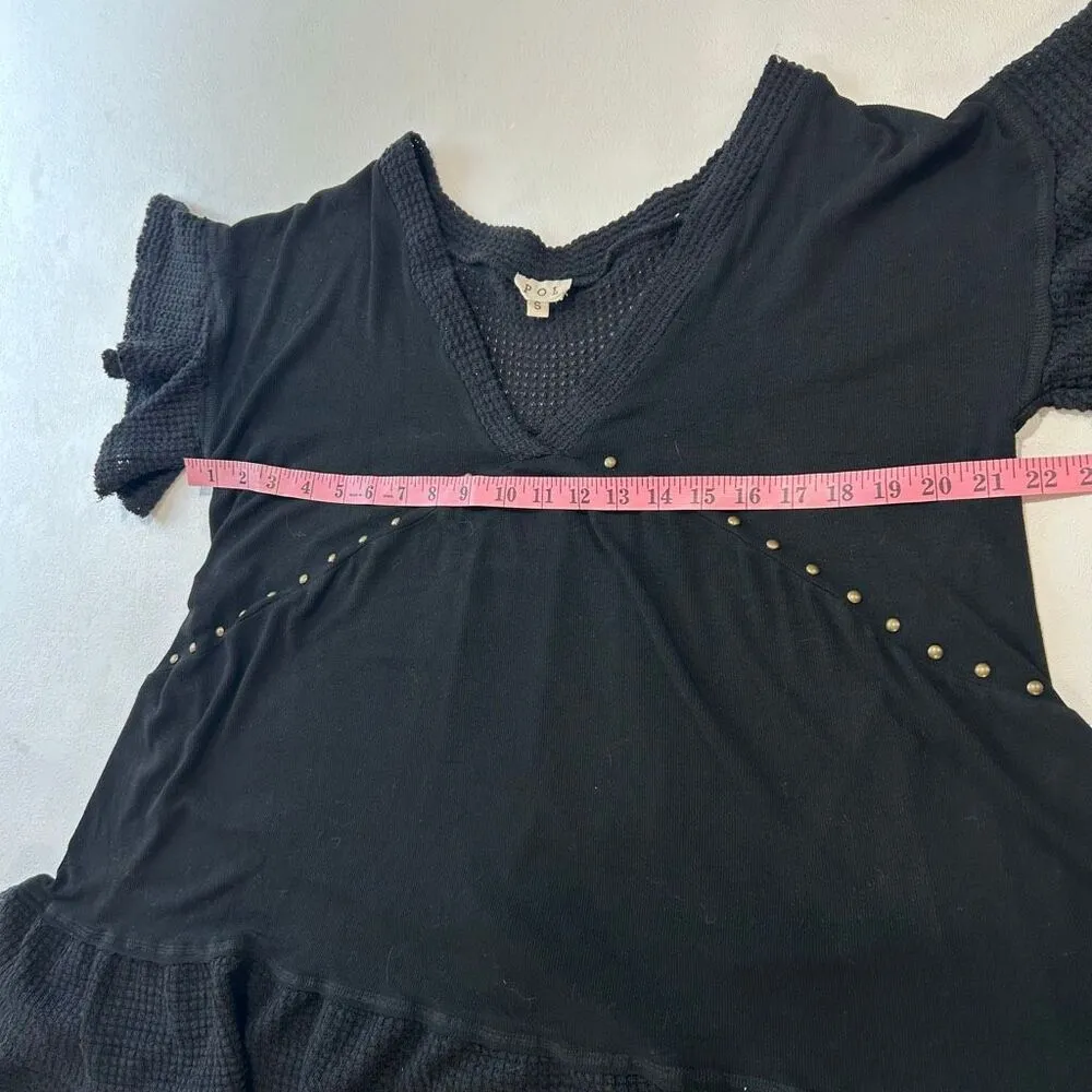 POL Boho Black Studded Ruffle Hem Tunic Top Size Small | Flowy Artsy Layered - Image 5