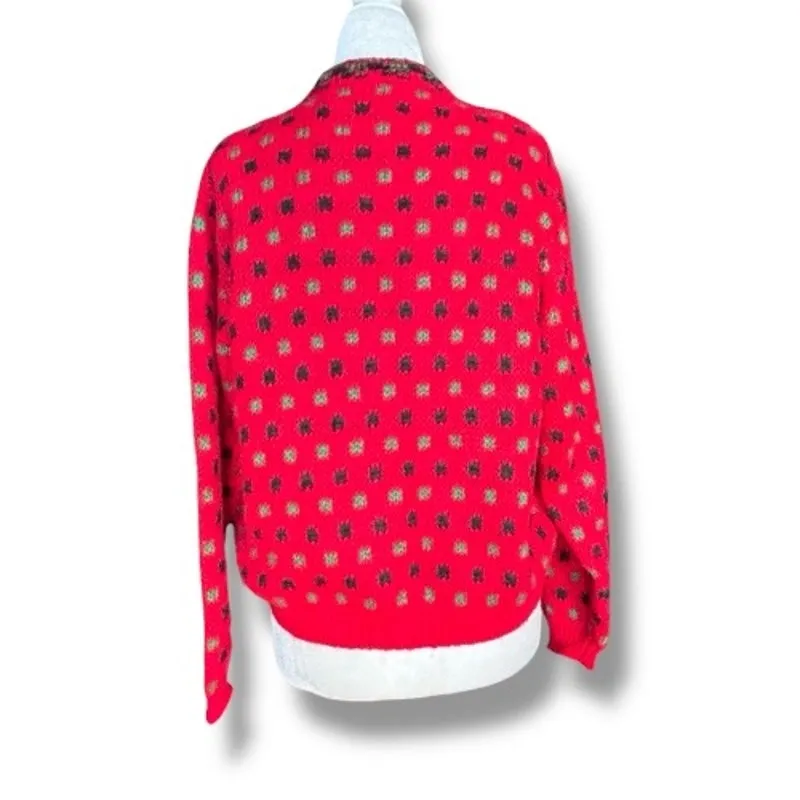 Vintage United Colors Of Benetton Red Green Abstract Polka Dot Wool Cardigan - Image 4