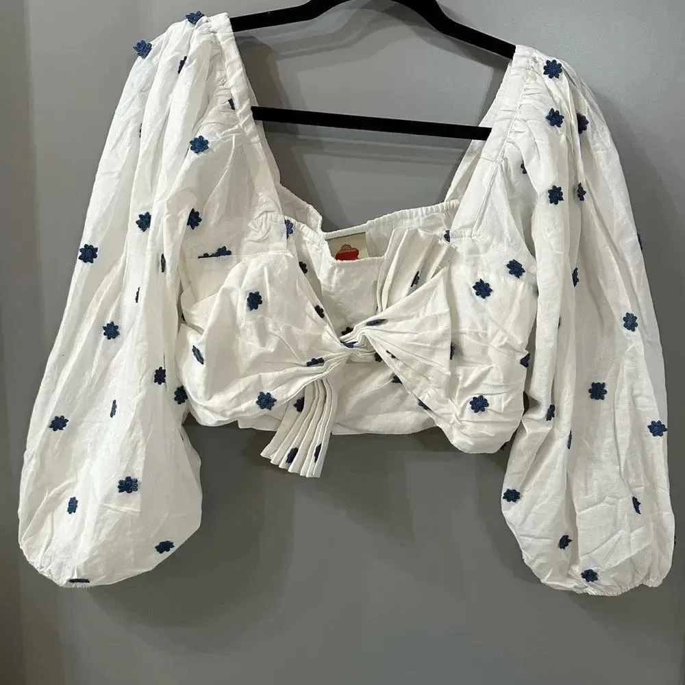 NWOT Farm Rio 100% Cotton Blue Flowers Embroidered Crop Top Blouse Size L - Image 2
