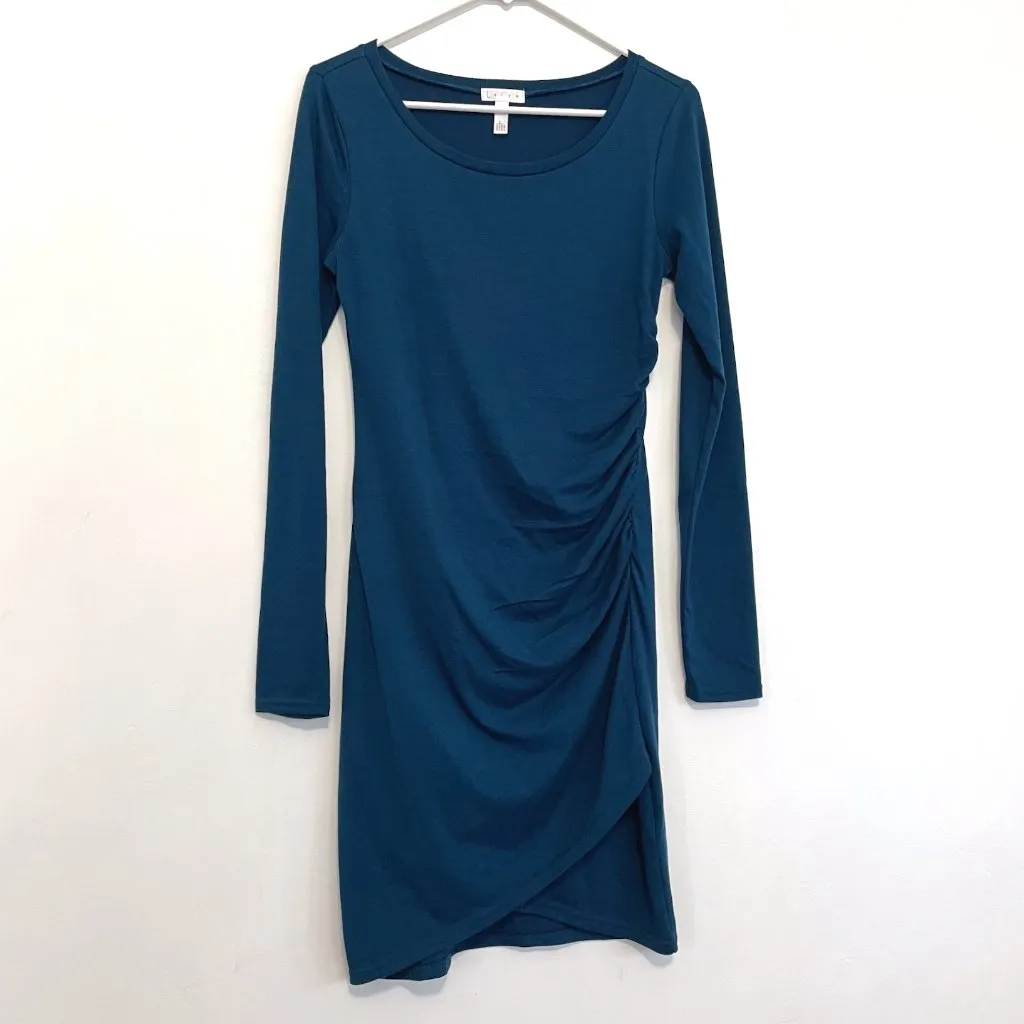 LEITH NORDSTROM Long Sleeve Ruched Dress Solid Teal Faux Wrap Mini Bodycon Dress - Image 2