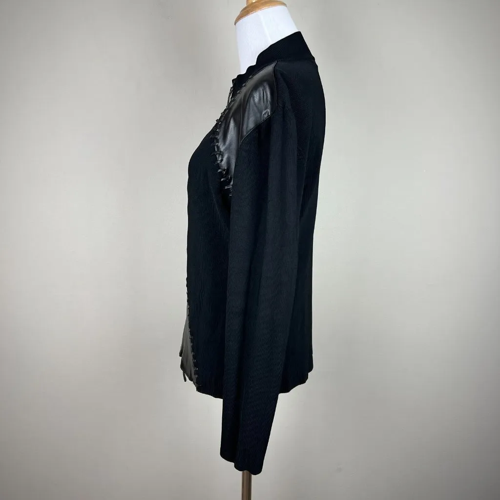 Yuka Sweater Jacket Womens Large Black Faux Leather Ribbed Knit Zip Whip Stitch‎ - Image 10