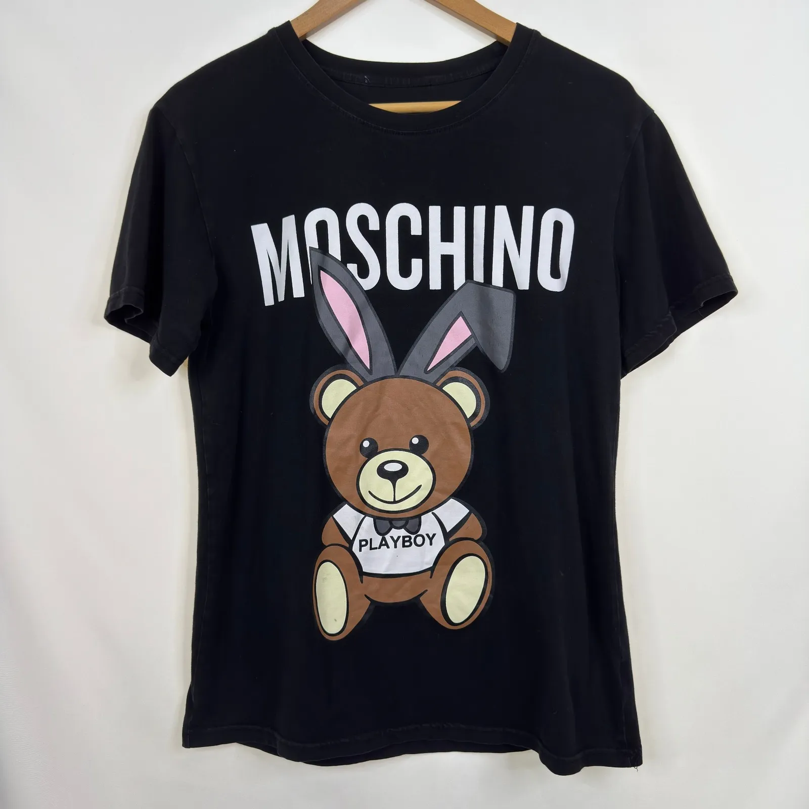 Moschino Teddy Bear Bunny Ears Playboy Graphic Black T Shirt Womens Size Medium - Image 10