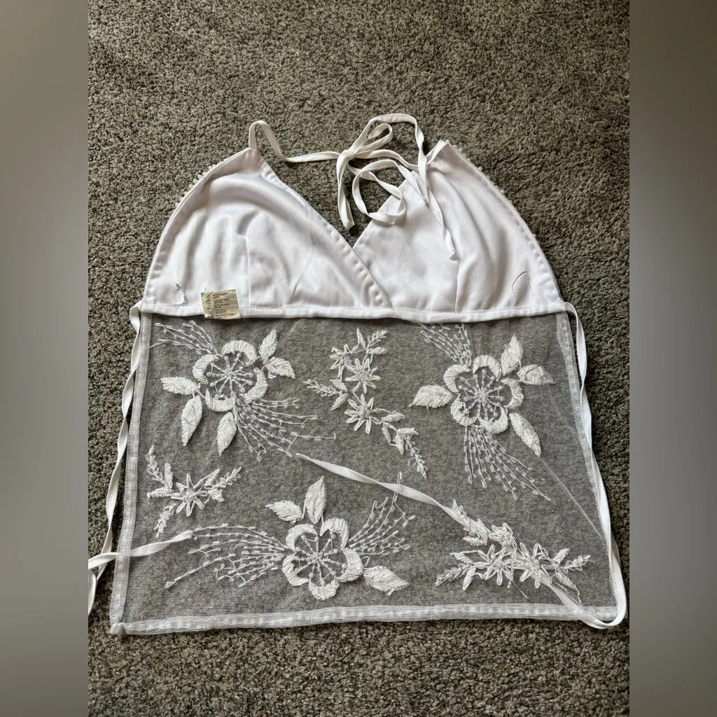 Y2K Backless Beaded Halter Top White - Image 2