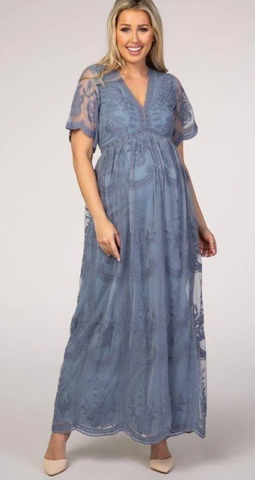 Maternity Gorgeous Dusty Blue Maxi Dress Size Large - Image 5