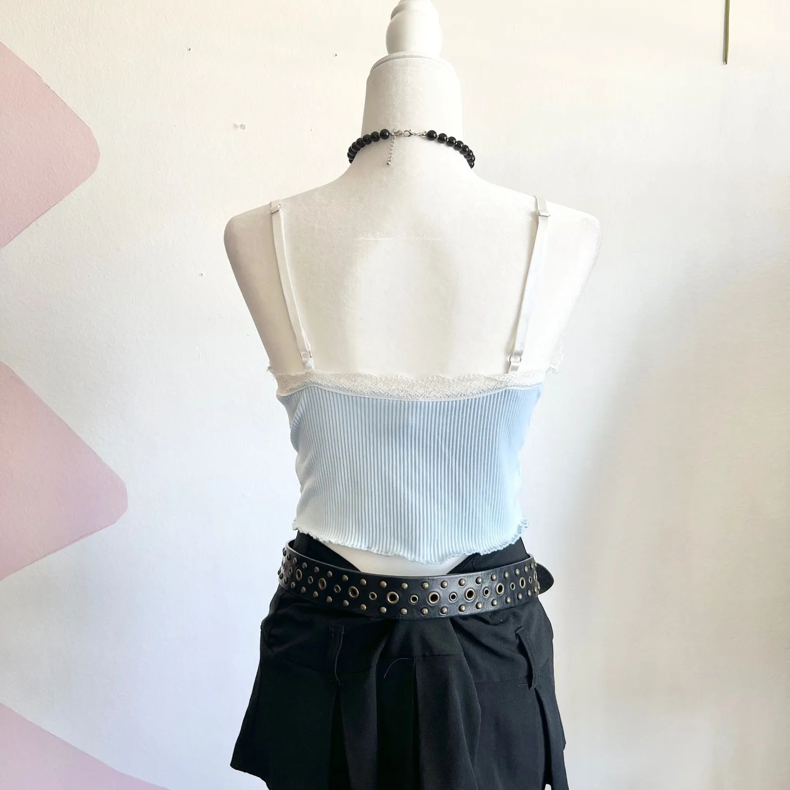 Y2K Lace Trim Tank Top, Coquette, Dollcore, Romantic, Dainty,‎ Medium Blue - Image 2