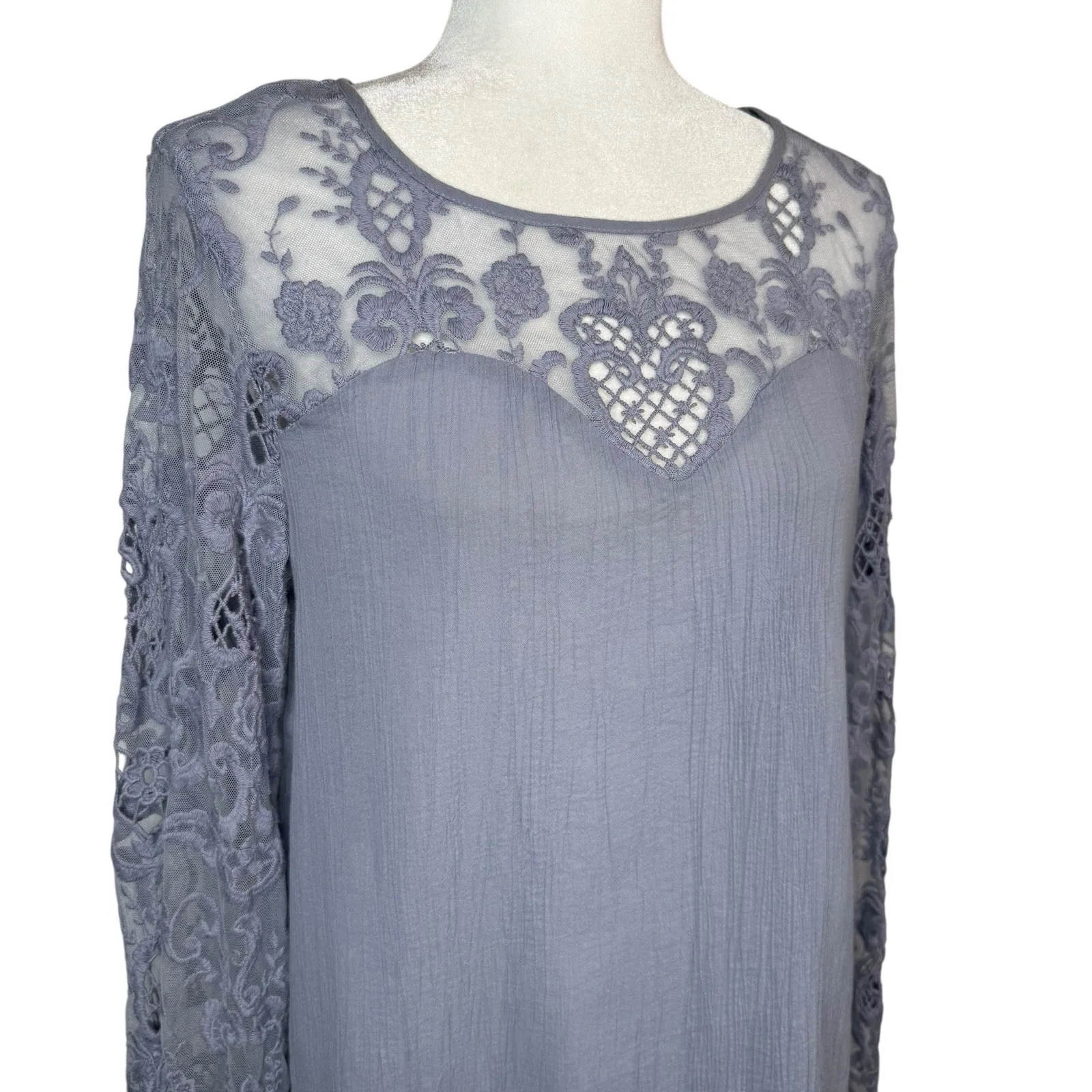 Sundance‎ Floral Crochet Lace Top M Long Sleeve Cotton Gauze Blue Boho Cottage - Image 5