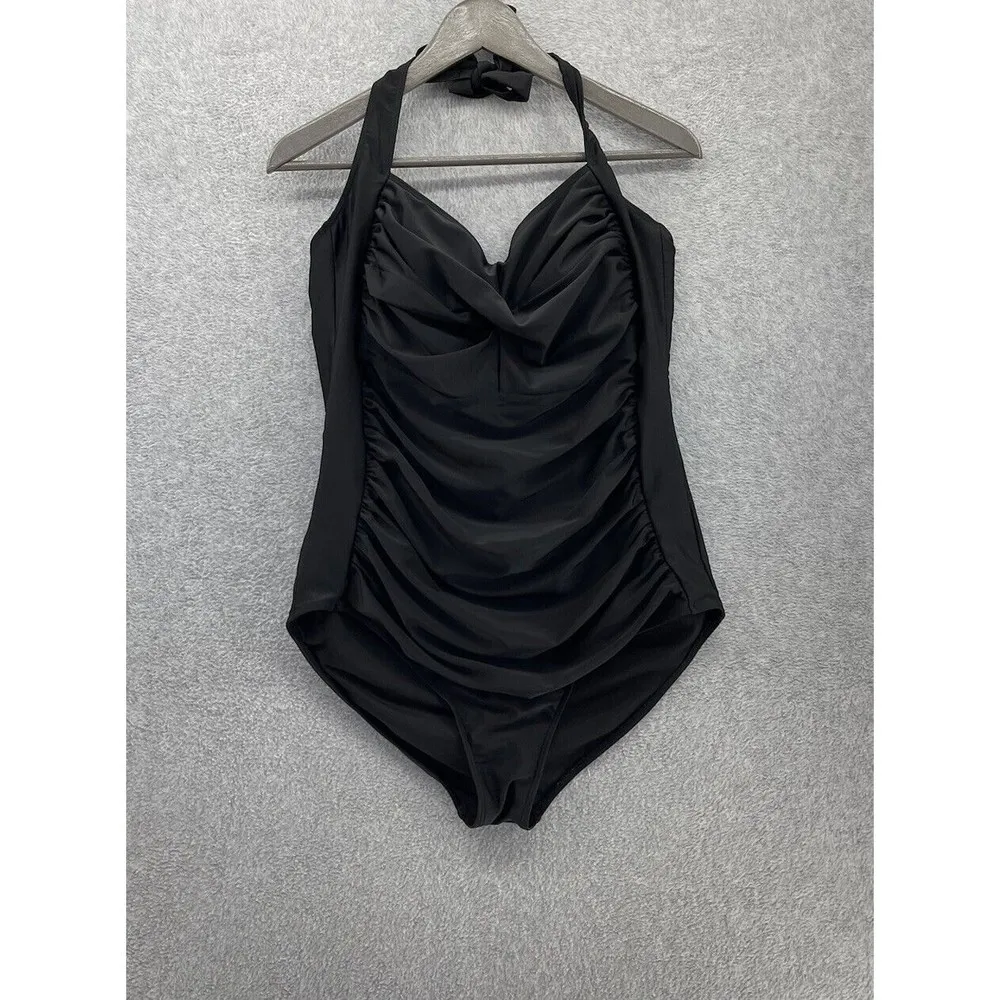Unbranded Women's Swimsuit Halter Solid Black Sz XXL Ruched Front Full Coverage - Image 8