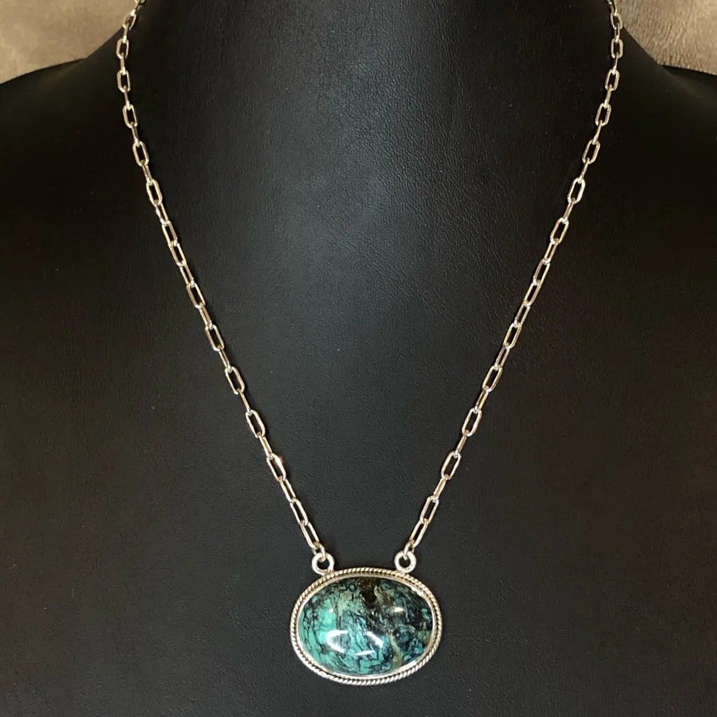 Turquoise Cabochon Gemstone with Rope Encircled Bezel and Sterling Silver Chain - Image 6