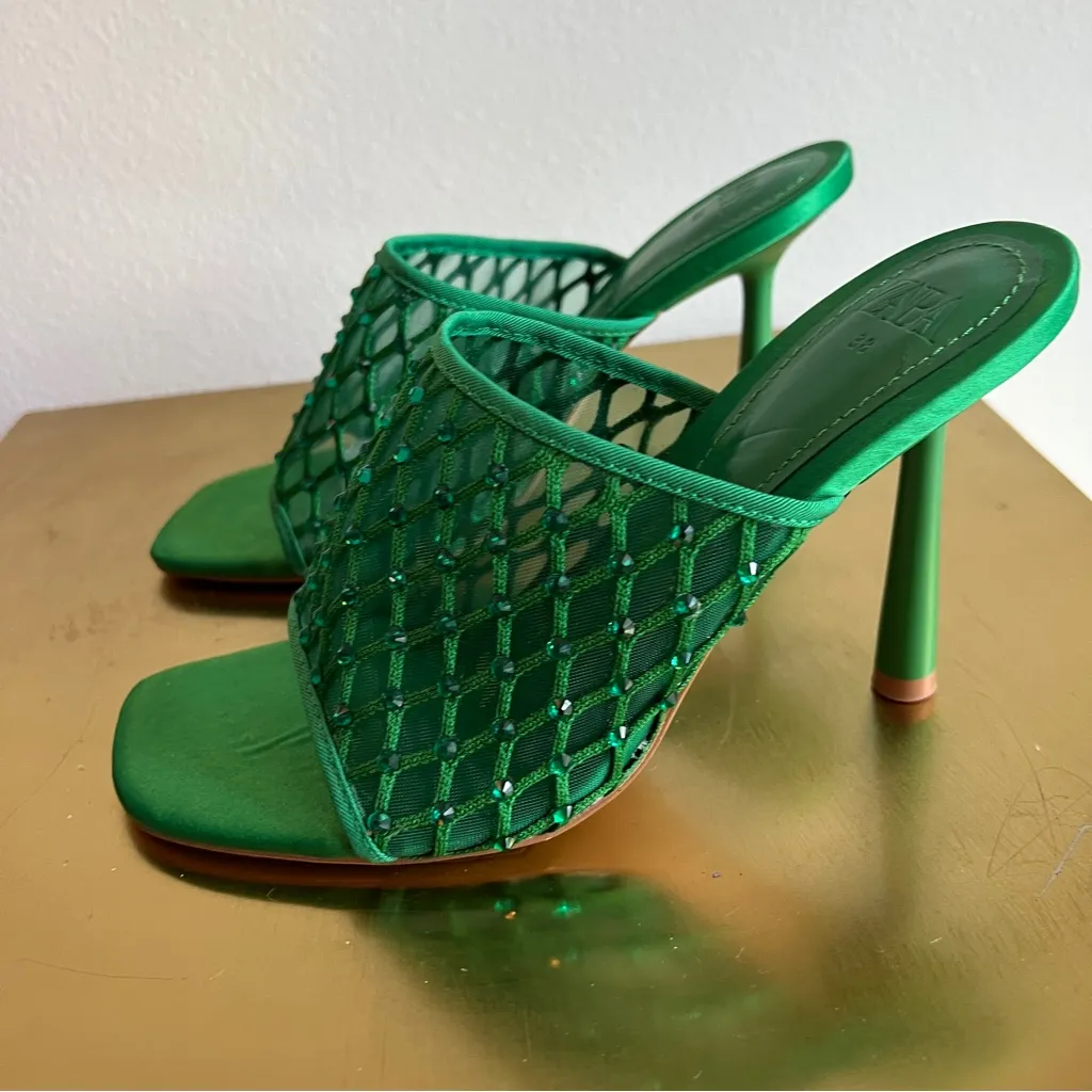 NWT Zara Green Rhinestone Mesh Mule Heels - Image 7