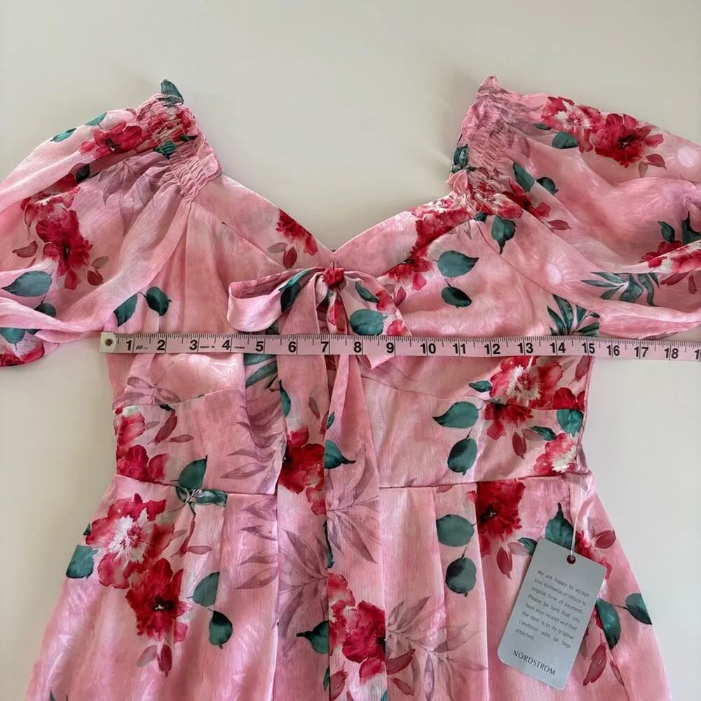 NSR Women’s Pink Tropical Floral Print Tie Front Mini Dress Size Medium NWT - Image 3
