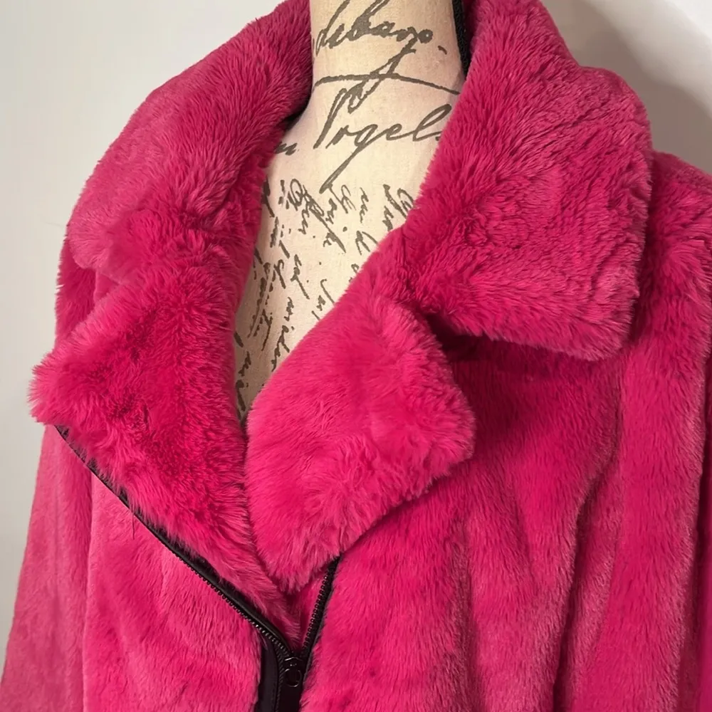 plush faux fur moto asymmetrical jacket fuchsia L - Image 3