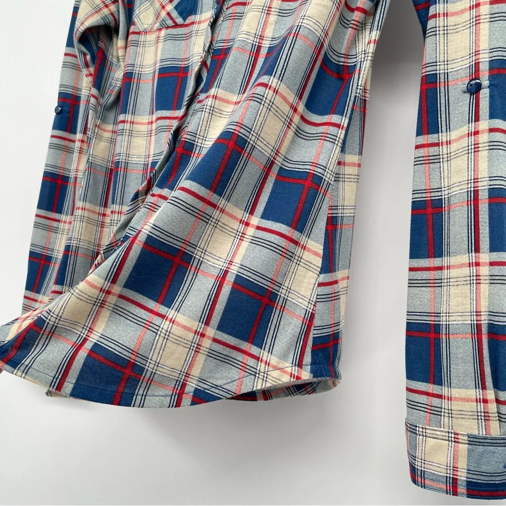 RNB Long Sleeve Button Down Women Medium Chest Pocket Sleeve Roll Tabs Plaid Blue - Image 6