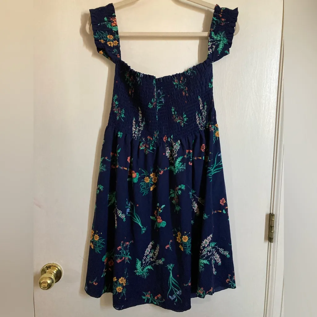 🌞I ❤️ Joah Navy Blue w/ Yellow/Pink Floral Design & Off Shoulder Cap Sleeves Yellow Size L - Image 5