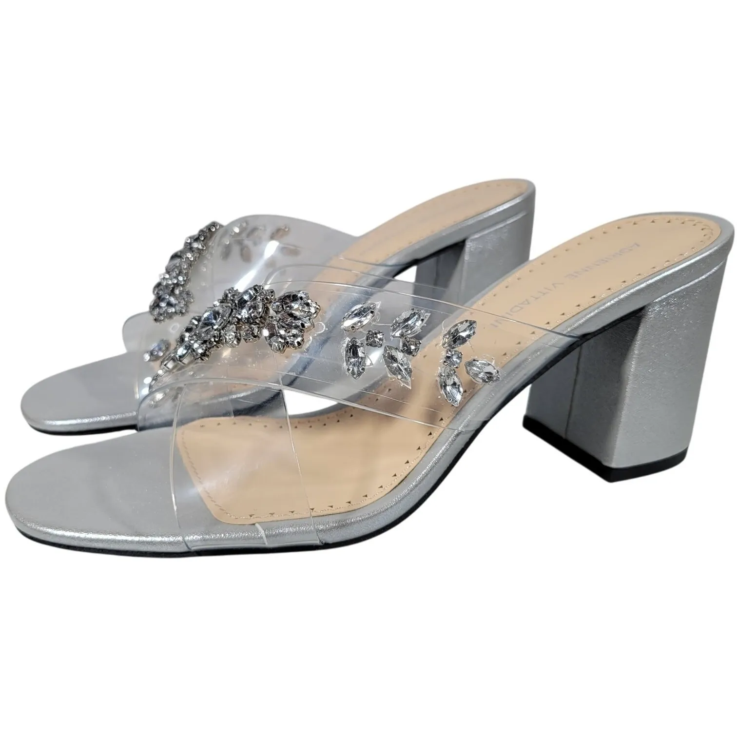 ADRIENNE VITTADINI Women's Silver Embellished Clear Strap Block Heel Mules 9.5 - Image 7