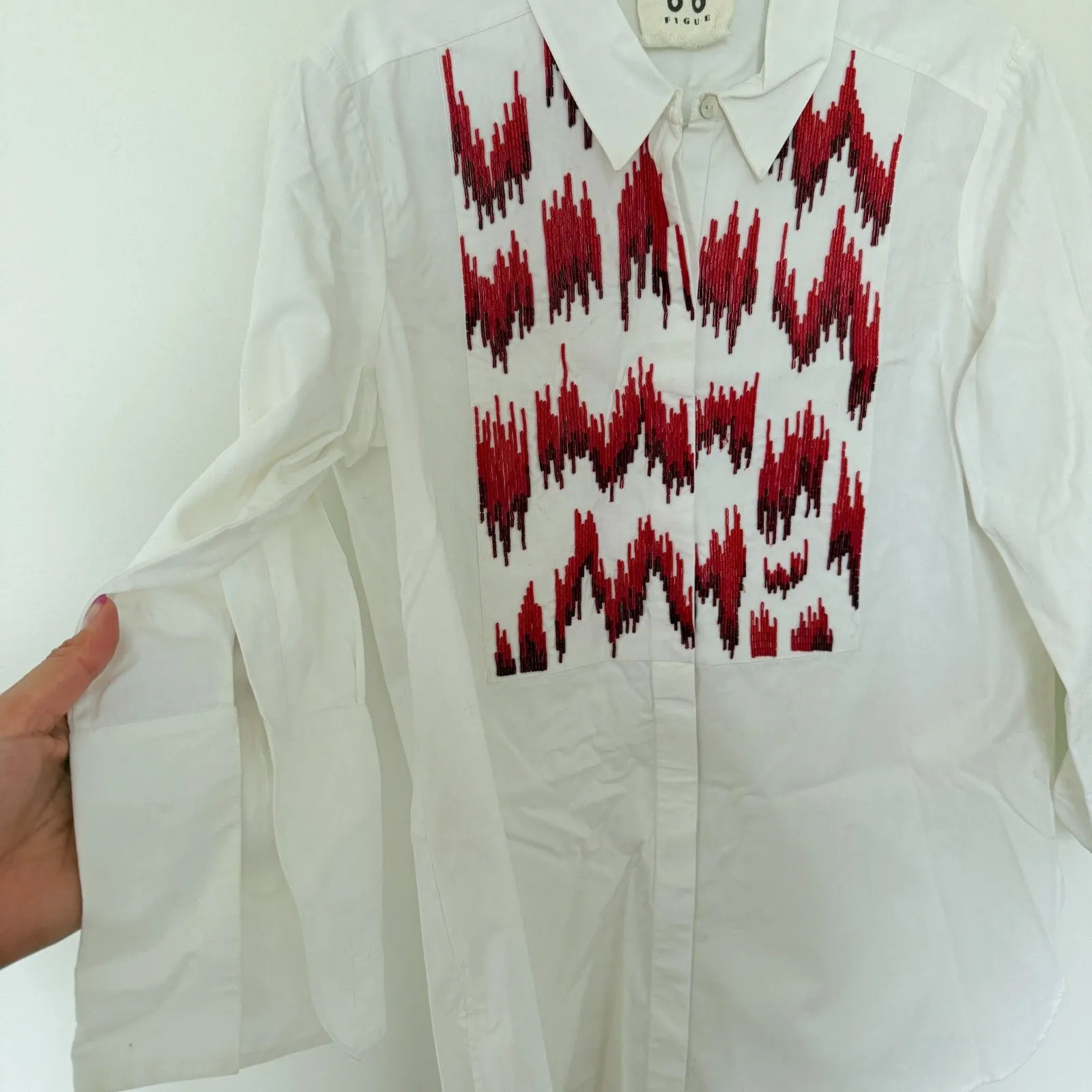 Figue White Beaded Cotton 3/4 Sleeve Button Down Collared Shirt No Sz (Flaws) - Image 13