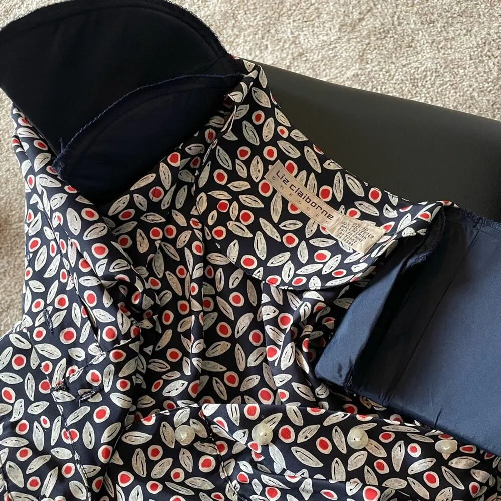 Liz Claiborne Vintage 80s Navy Print Short Sleeve Tucked Waist Shirtdress 10 - Image 10