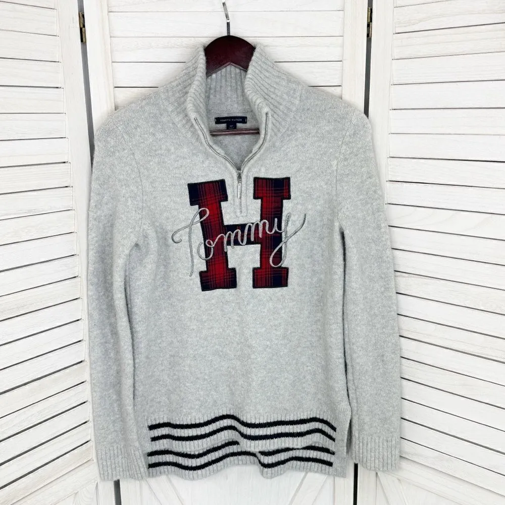 Tommy Hilfiger Logo Patch Varsity Sweater Grey Small Wool Blend Quarter Zip Prep - Image 7