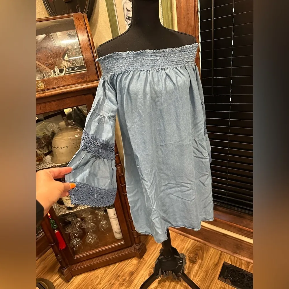 Signature 1 Studio Denim Mini Dress Off Shoulder Size Medium Blue - Image 2