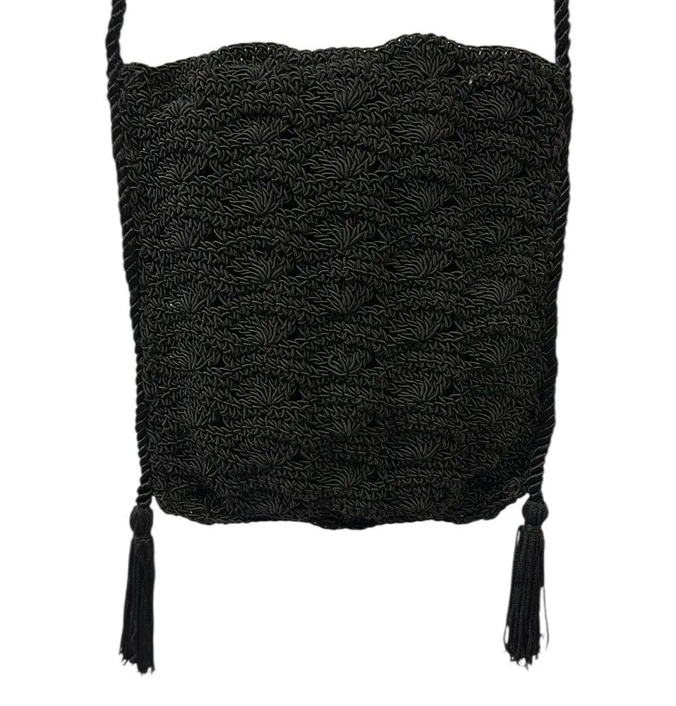 Vintage Frankie and Johnnie Black Crochet Crossbody Pouch Bag Purse with Tassels - Image 3