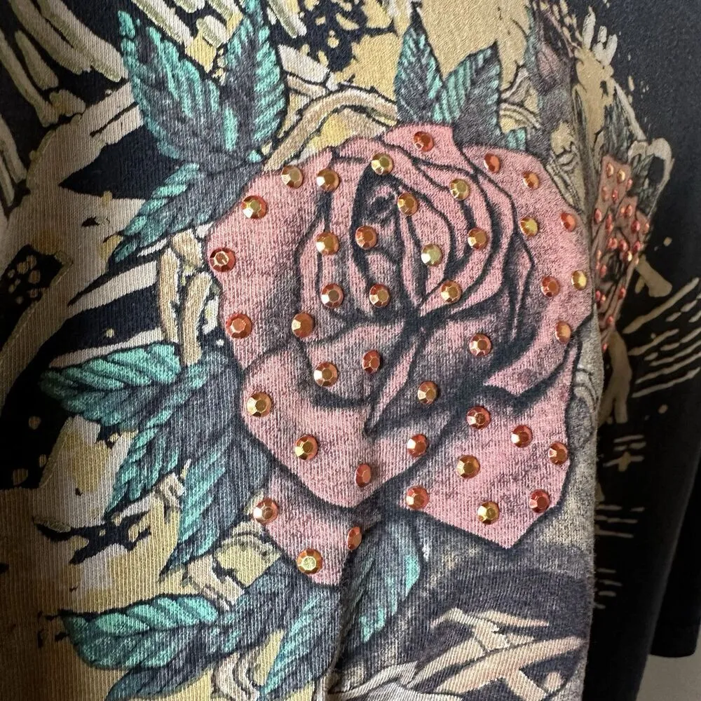 Y2K Avirex Black Skull Rose Rhinestone T - Image 4