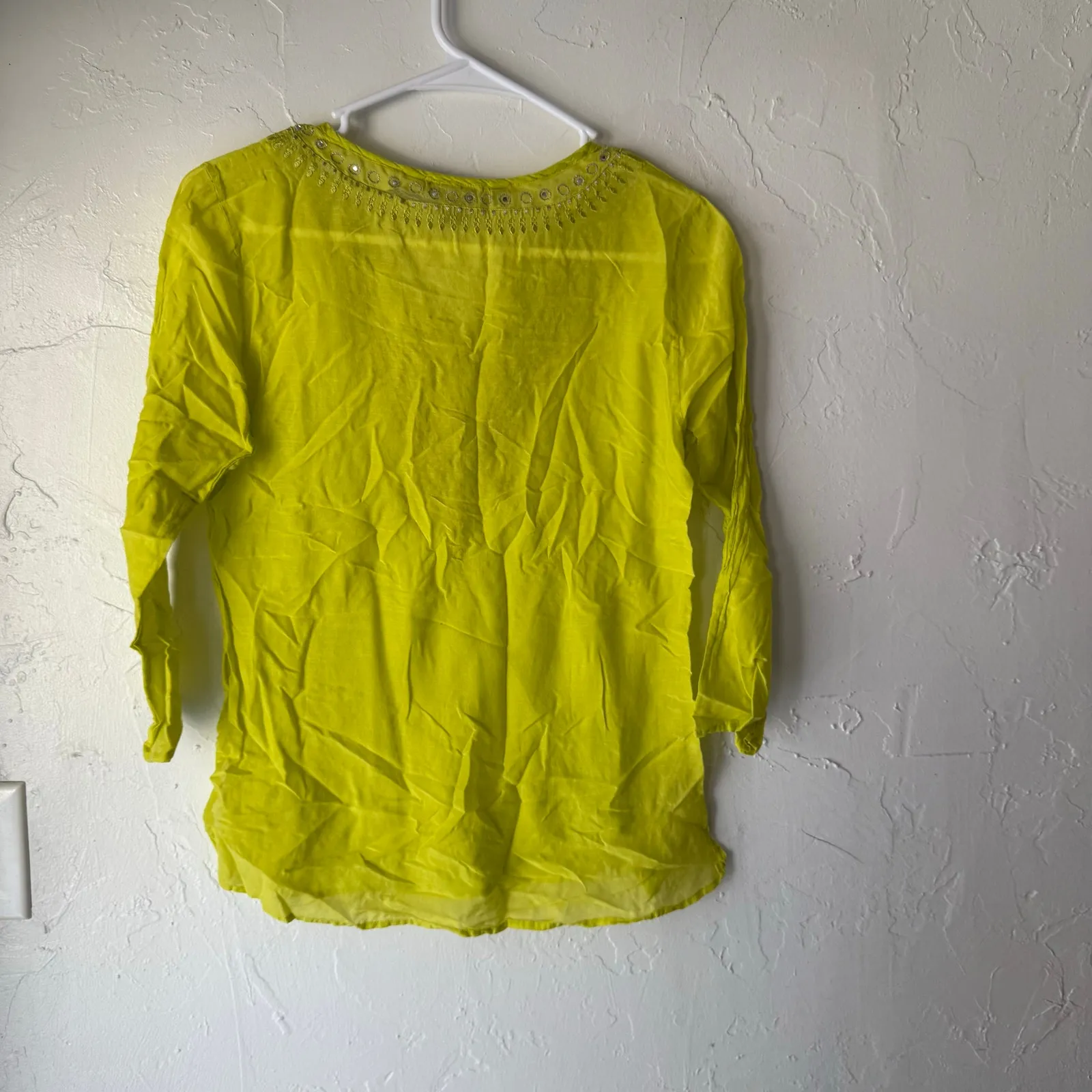 Express Y2k Size XS Neon Yellow Boho Rhinestone Silk Blend Going Out Top‎ - Image 7