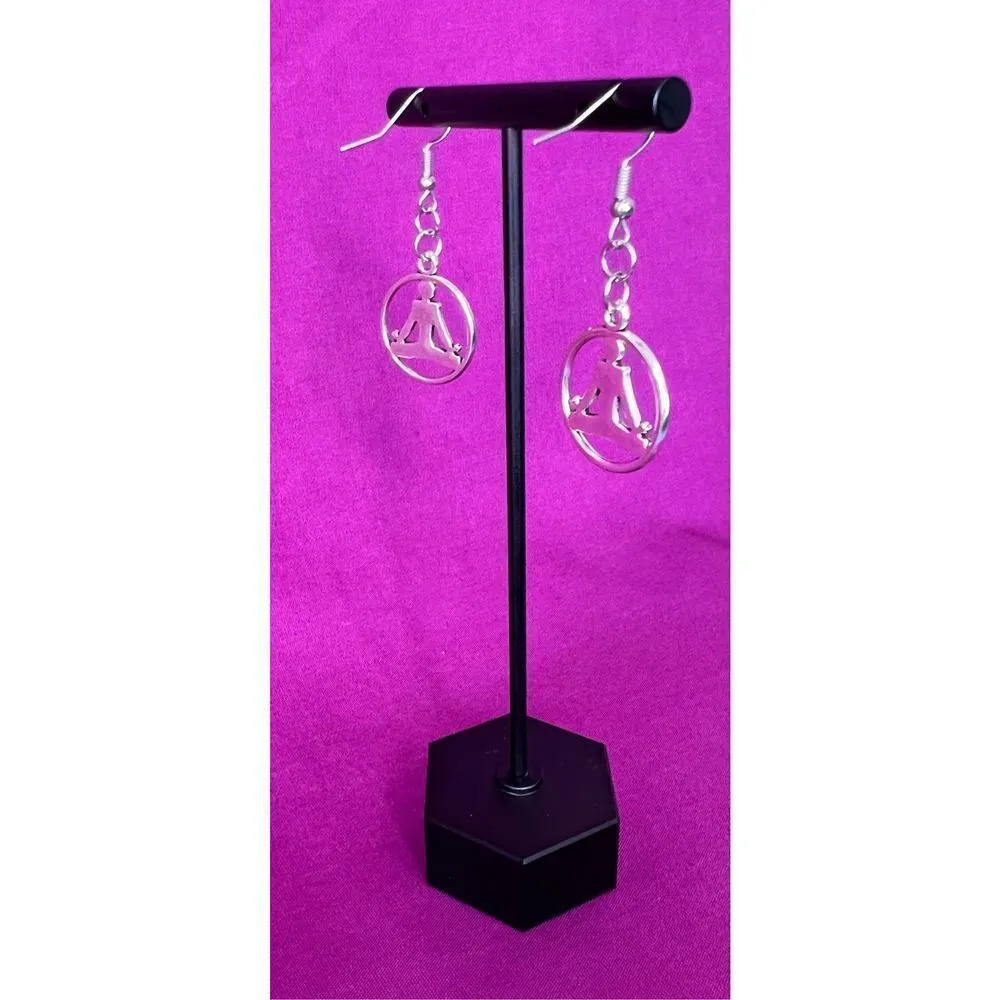 Handmade Silver Dangly Yoga Meditation Lotus Pose Earrings - Image 3
