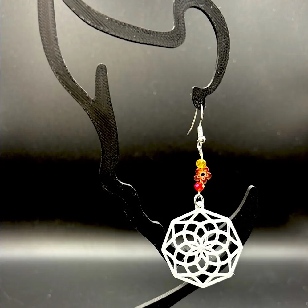 White with Orange Mandala Earrings with Beads Silver - Image 3