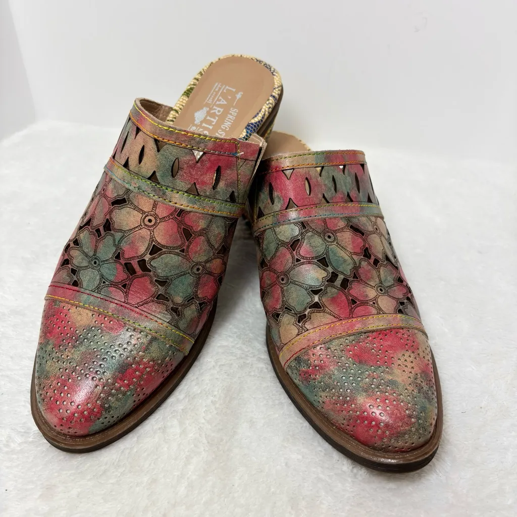 L'Artiste Spring‎ Step Rosalinda Mules Multicolor Leather Floral Cutout  Size 39 - Image 10