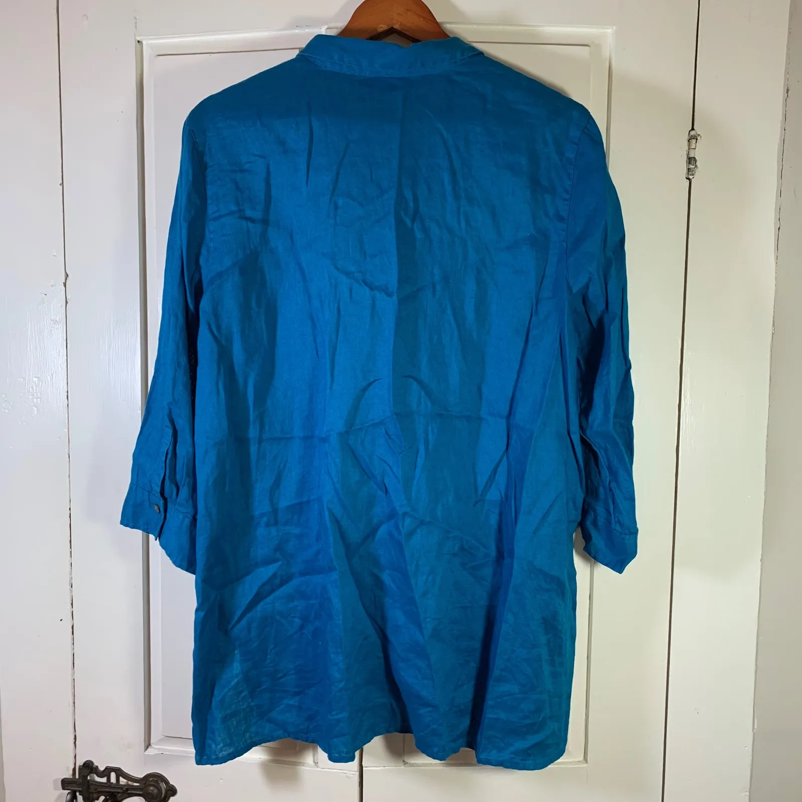 J.Jill Love Linen Top Teal Blue Collared Button Down 3/4 Sleeve Womens L Coastal - Image 2