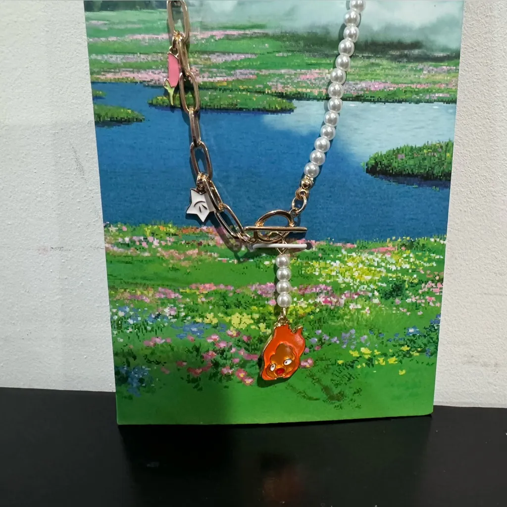 Studio Ghibli Howl's Moving Castle Pearl & Chain Calcifer Floral Necklace - Image 3