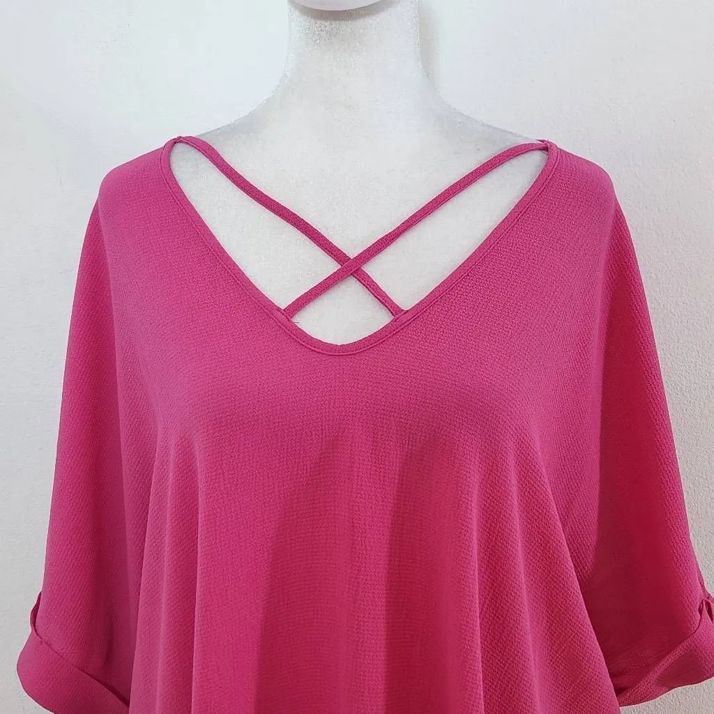 Sami & Jo Hot Pink Short Sleeve Blouse Size 1X Pink Blouse with Strappy Front - Image 2